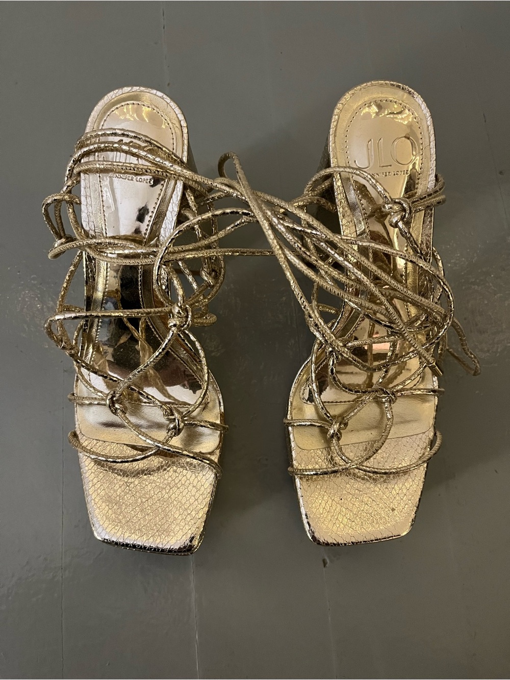 Jennifer Lopez Metallic Gold Lace-Up Strappy Heels